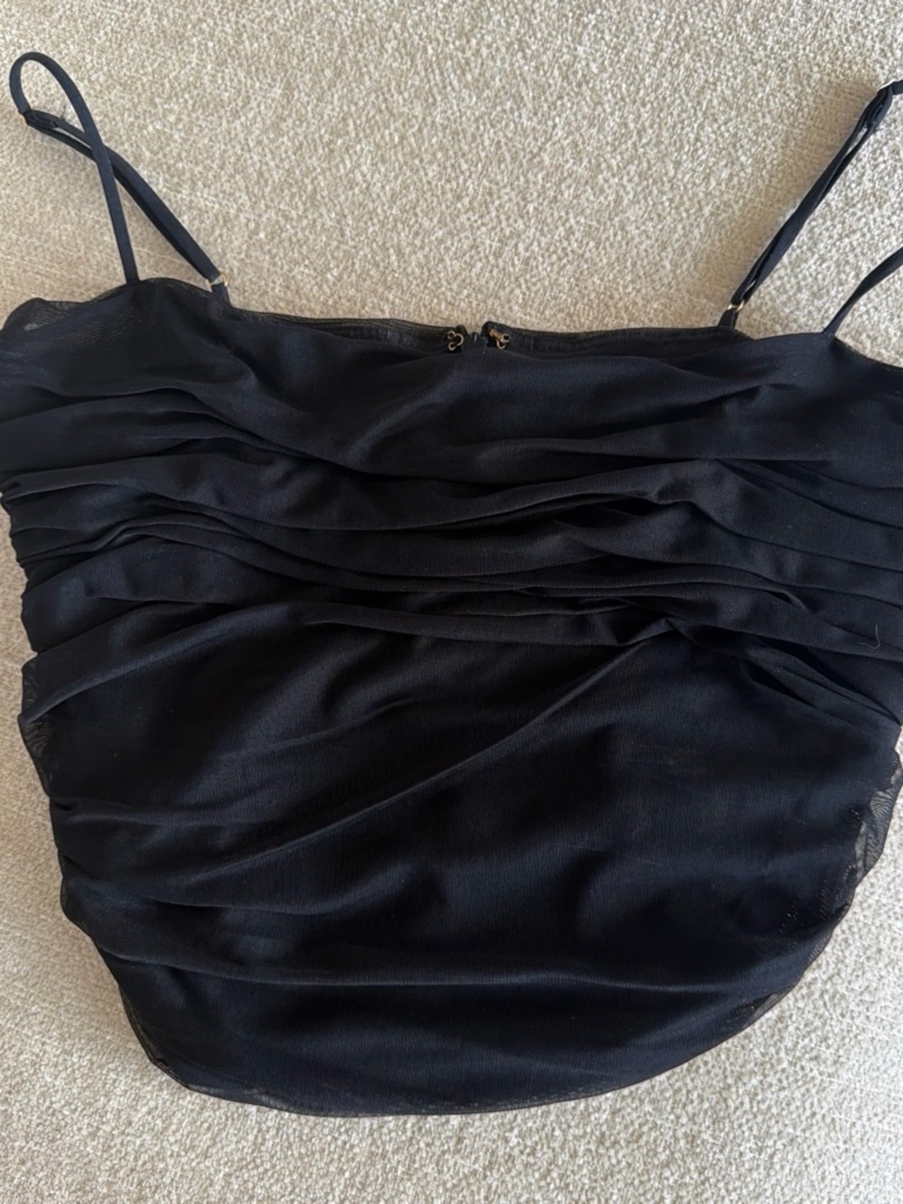 Babaton Sheer Black Ruched Spaghetti Strap crop top
